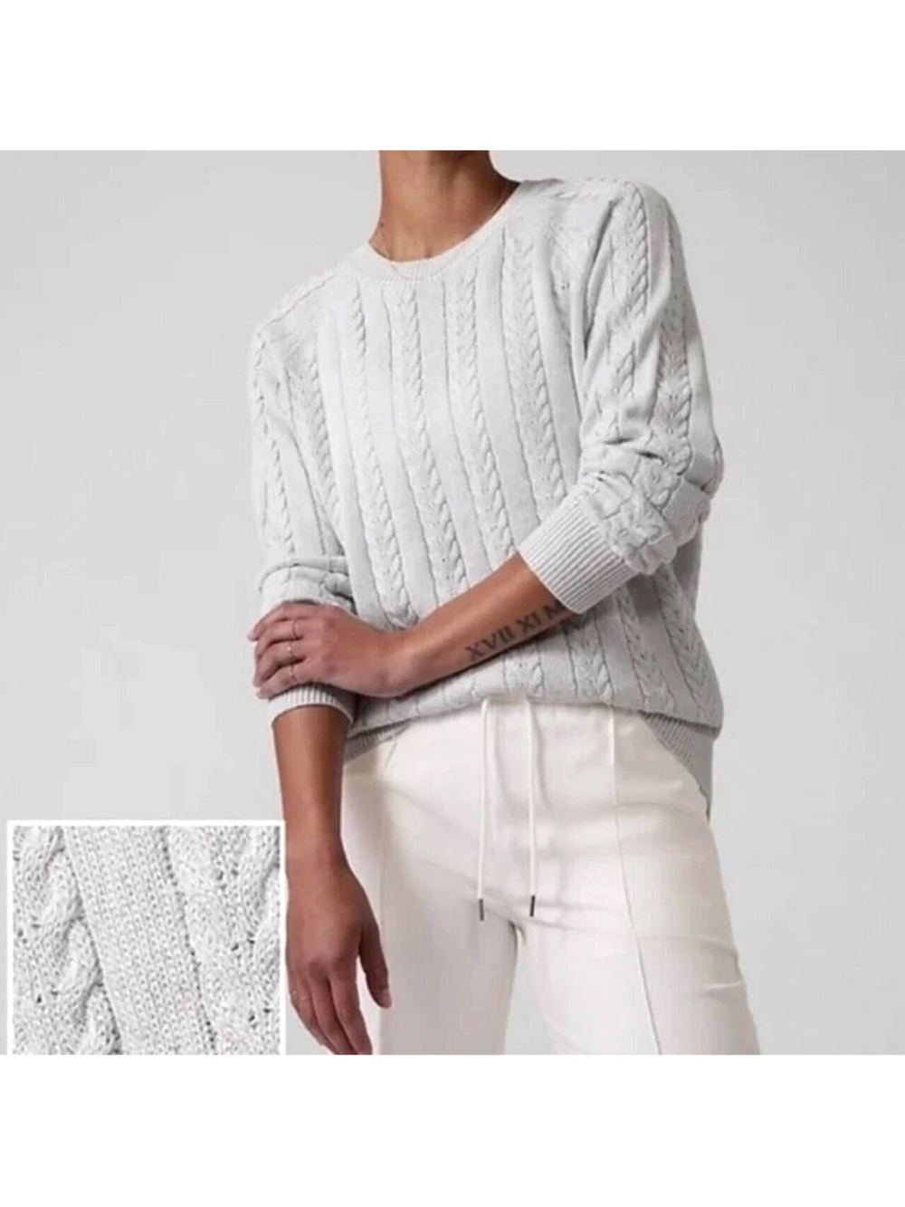Athleta Hawthorn silver cable knit wool blend long sleeve sweater